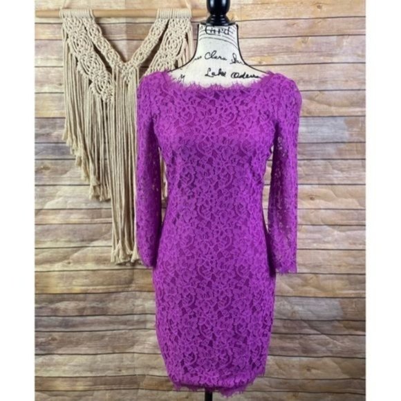 Diane Von Furstenberg | ’Zarita’ Magenta Lace Bateau Neck Scalloped Trim Dress - Picture 2 of 10